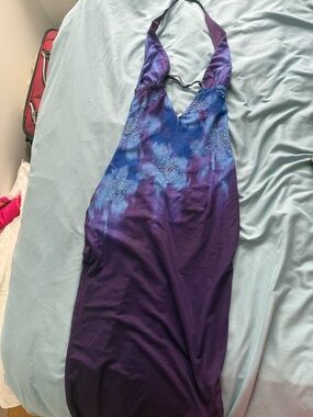 NWT OUTCAST Purple & Blue Tie-Dye Halter Maxi Dress with Crystal Accents
